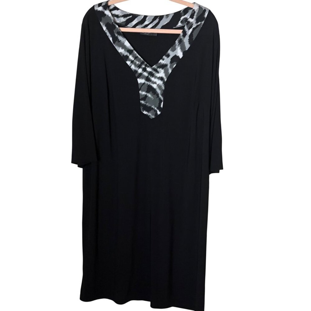 IGIGI Black Tunic Dress Zebra Print V-Neck 3/4 Sleeve Stretch 14/16 Made In USA